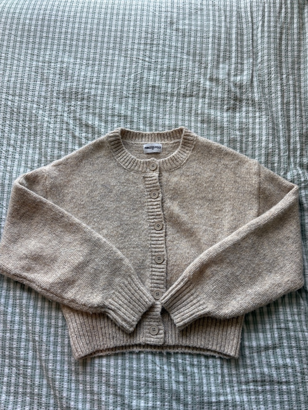 Princess Polly Heathered Beige Crewneck Button Cardigan